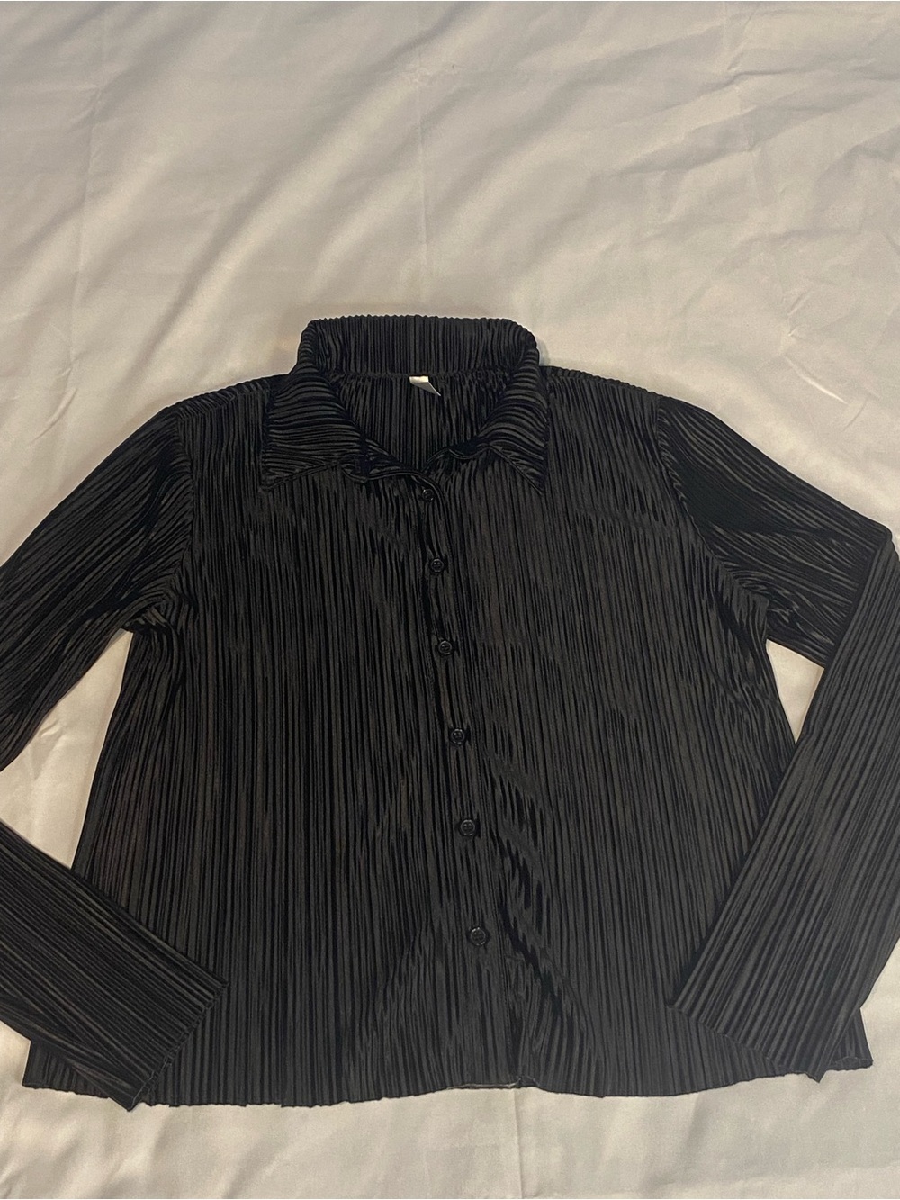 Womans Black Plisse Button Down, Long Sleeve Crinkled Pleated Texture Size L